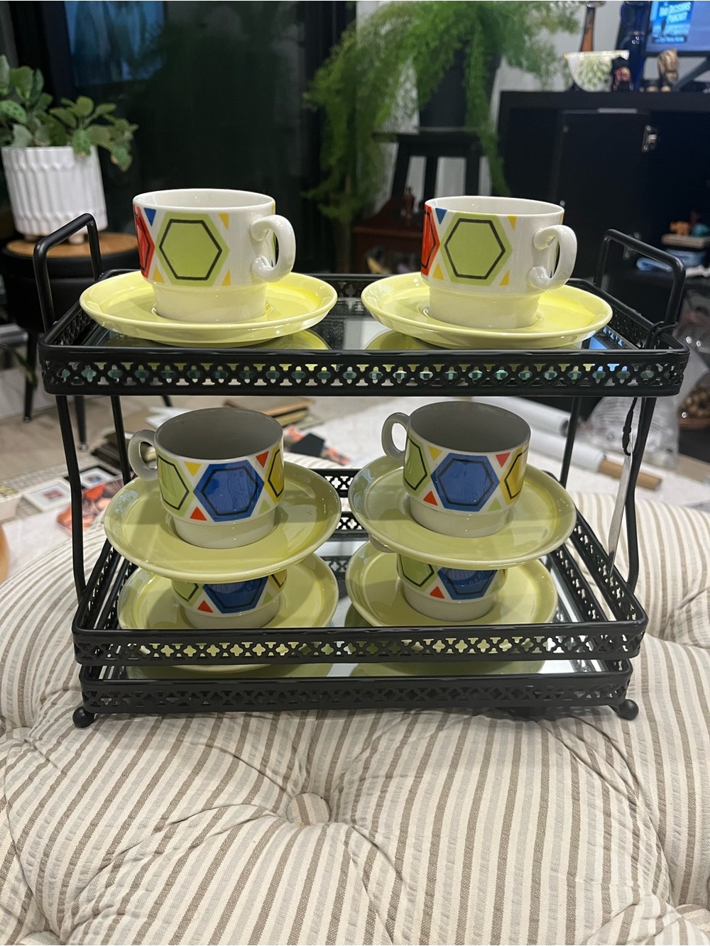 MCM Yellowish Green Blue and Red Italian made Espresso Cup & Saucer Set - 6 Pc